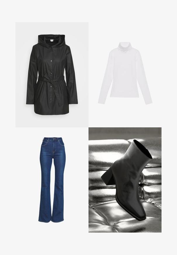 Sort vandtæt jakke med hætte. Har trykknaplukning, bælte i taljen og to sidelommer. Glat tekstur og klassisk design.; Hvid langærmet turtle-neck top lavet af glat, strækbart stof. Har en høj krave og tætsiddende design, uden synlige mønstre eller udsmykninger.; Højtaljede, flared jeans i mørkeblå denim. Har kontrastsyninger, klassisk fem-lommes design og knap-åbning.; Sorte ankelstøvler lavet af glossy materiale med firkantet tå og spidse hæle, sat mod en skinnende sølv tuftet baggrund.