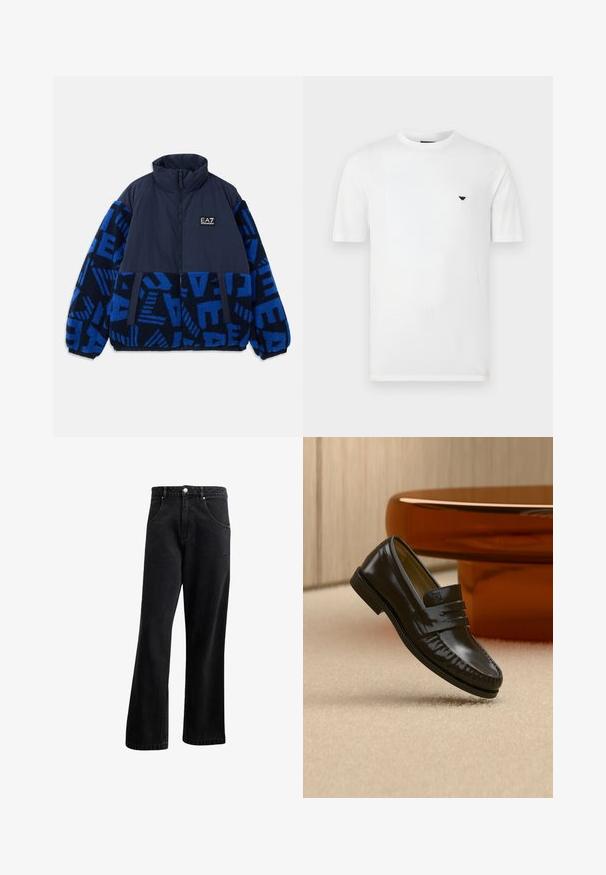 Marineblå og blå zip-jakke med teksturerede fleeceærmer, der har abstrakte mønstre, høj krave og EA7-logo på brystet.; Hvidt bomulds t-shirt med rund hals og korte ærmer. Har en lille sort logo på venstre bryst. Glat tekstur, afslappet pasform.; Sorte denim jeans med straight-leg design, der har frontlommer, en knaplukning og en let tekstur. Inkluderer en diskret logo detalje.; Skinnende sort læderloafer med remdetalje, placeret på beige tæppe nær et rundt brunt sofabord i et blødt oplyst rum.