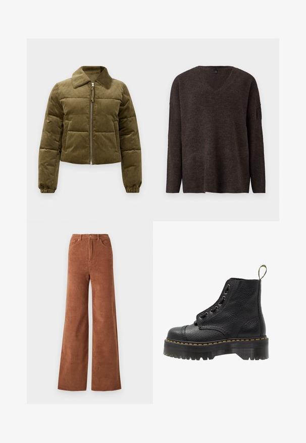 Olivengroene corduroy pufferjack met een cropped design, kraag, ritssluiting en elastische manchetten. Kenmerkt gestikte paneeldetails.; Donkerbruin, v-hals trui met lange mouwen en een ontspannen pasvorm. Zachte textuur en lichte ribbels bij de manchetten en onderrand. Geen zichtbare logo's.; Wijde corduroy broek in een rijke bruine kleur, met verticale ribbels, voorzakken en een knoopsluiting in de taille.; Zwarte leren enkelboot met een gestructureerd oppervlak, ronde neus, vetersluiting, gele stiksels en een dikke, geribbelde zwarte plateauzool.