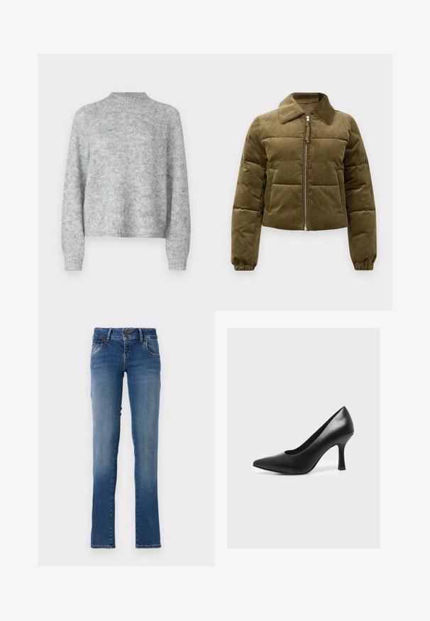 Olivengroene corduroy pufferjack met een cropped design, kraag, ritssluiting en elastische manchetten. Kenmerkt gestikte paneeldetails.; Lichtgrijze trui met hoge nek, lange mouwen en een losse pasvorm. Gemaakt van een textuur gebreide stof met subtiele kleurvariaties.; Blauwe spijkerbroek met een recht pootontwerp, twee voorzakken en een knoopsluiting in de taille. Lichte vervaging op de bovenbenen en een gestikte zoom.; Zwarte leren pumps met een puntige neus en een slanke, gebogen hak op een effen lichtgrijze achtergrond.