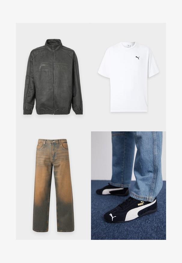 Grå jakke med høj krave, frontlynlås og ribbede manchetter. Har et subtilt logodesign og en glat, struktureret overflade.; Hvid t-shirt med korte ærmer og rund hals med en lille sort Puma-logo på venstre bryst mod en lys baggrund.; Videbenede jeans i slidte blå og brune denim. Har høj talje, forlommer og en klassisk knaplukning med metaldetaljer.; Sorte ruskinds sneakers med hvide detaljer og et guldlogo. Båret med lyseblå denimjeans og sat på en struktureret blå overflade.