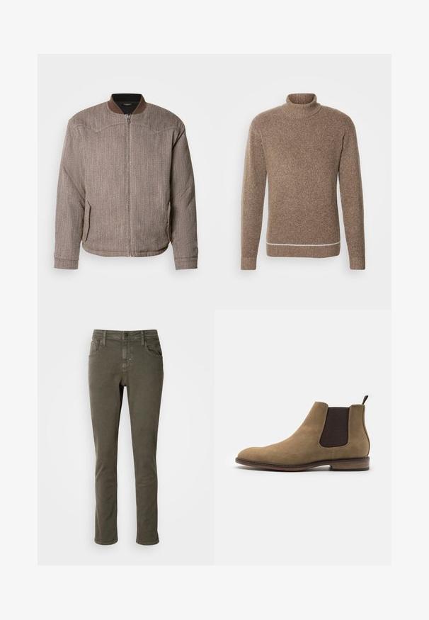 Scotch & Soda REVERSIBLE PADDED JACKET - Bombera - demitasse/eggnog; INDICODE JEANS Svetrík - otter; Antony Morato KURT COMFORT - Džínsy tapered fit - dark olive; Pier One by Zalando Klasické členkové čižmy - beige