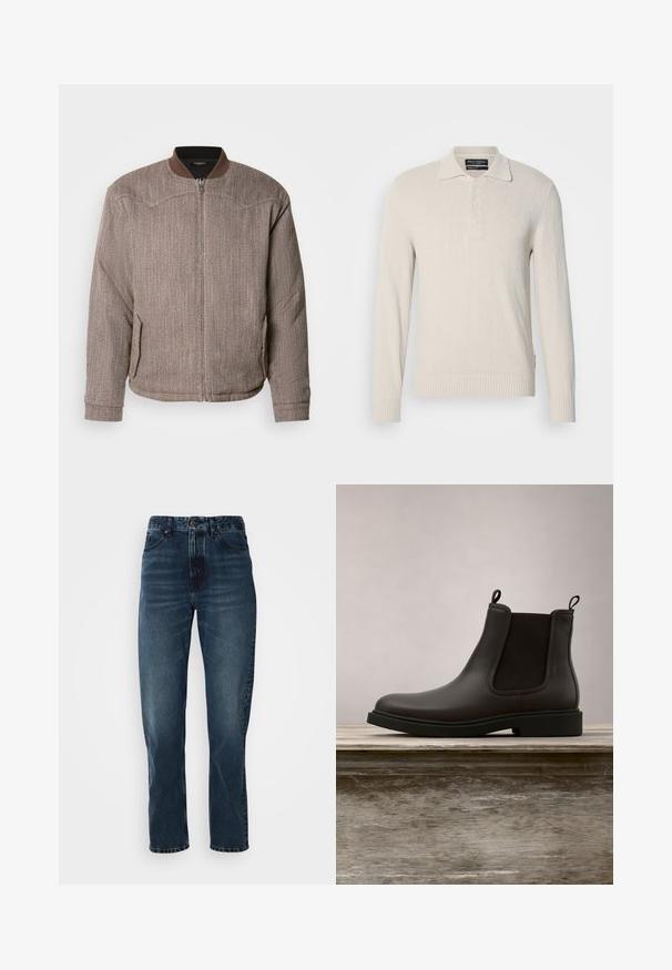 Scotch & Soda REVERSIBLE PADDED JACKET - Bomberjakke - demitasse/eggnog; Lys beige langærmet polo sweater i blødt strik med struktureret overflade, der har klassisk krave og tre-knaps lukning.; Mørkeblå lige bukser med frontknap og lynlås, fem-lomme design og subtil fading på lår og knæ.; Sort læder Chelsea-støvle med elastiske sidepaneler og stropper svævende over en træbænk udendørs med græs som baggrund.
