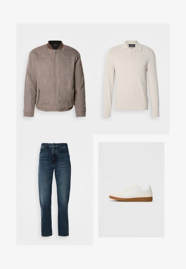 Scotch & Soda REVERSIBLE PADDED JACKET - Bomberjakke - demitasse/eggnog; Lys beige langærmet polo sweater i blødt strik med struktureret overflade, der har klassisk krave og tre-knaps lukning.; Mørkeblå lige bukser med frontknap og lynlås, fem-lomme design og subtil fading på lår og knæ.; Hvide sneakers med en ruskind tåspids, glat syntetisk overdel og tan gummisål. Har perforeringer på siderne for åndbarhed.