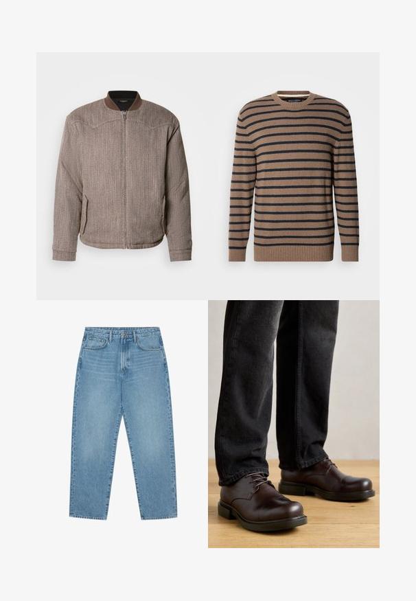 Scotch & Soda REVERSIBLE PADDED JACKET - Bomberjakke - demitasse/eggnog; Brun og marineblå stribet sweater med rund hals, lange ærmer og ribstrikkede manchetter, lavet af et blødt strikmateriale.; Lyseblå denimjeans med lige ben, fem-lomme design og en let falmet struktur. Indeholder knap- og lynlåslukning.; Brune lædersko med rund tå, snørelukning og kraftig sort gummisål, parret med mørke denim bukser.