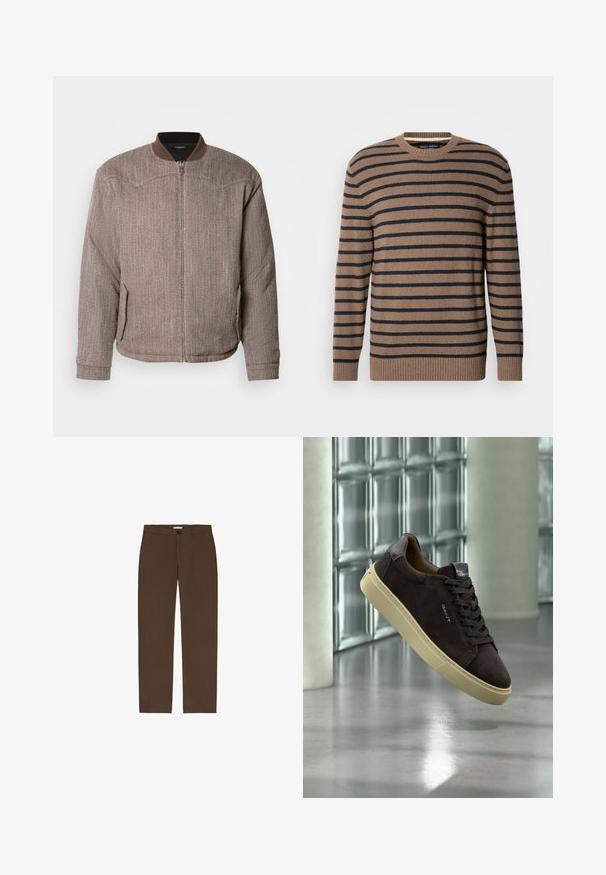 Scotch & Soda REVERSIBLE PADDED JACKET - Bomberjacke - demitasse/eggnog; Braun-navy gestreifter Pullover mit Rundhalsausschnitt, langen Ärmel und gerippten Bündchen, aus weichem Strickmaterial gefertigt.; Braune, gerade geschnittene Hosen aus strukturiertem Stoff. Sie verfügen über einen vorderen Knopfverschluss und Gürtelschlaufen. Keine sichtbaren Taschen oder Muster.; Dunkelbrauner Veloursleder-Sneaker mit beiger Sohle und schwarzen Schnürsenkeln, Marke „GANT“, schwebend dargestellt in Innenräumen nahe einer Glasbausteinwand auf reflektierendem Boden.