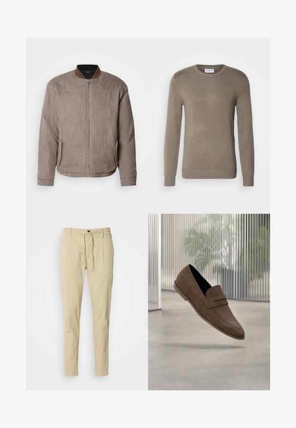 Scotch & Soda REVERSIBLE PADDED JACKET - Chaquetas bomber - demitasse/eggnog; Suéter color caqui hecho de un material de punto suave, con cuello redondo, mangas largas y un sutil logo bordado en el pecho.; Pantalones beige de corte ajustado, hechos de una mezcla de algodón. Cintura elástica con cordón, dos pliegues frontales y patas rectas.; Mocasines de ante marrón con un acabado suave, detalles cosidos y diseño de punta redondeada. Suela elevada y estilo fácil de poner.
