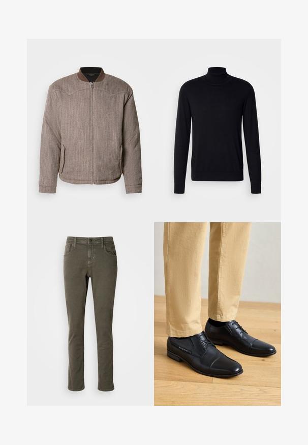 Scotch & Soda REVERSIBLE PADDED JACKET - Bomberjacke - demitasse/eggnog; Schwarzer Rollkragenpullover aus weichem Stoff. Mit langen Ärmeln, geripptem Kragen und Bündchen, hat eine glatte Textur und keine Muster.; Antony Morato KURT COMFORT - Jeans Tapered Fit - dark olive; Schwarze Lederhalbschuhe mit glatter Oberfläche, runde Zehenpartie, Schnürdesign und dezentem Branding an der Seite, kombiniert mit khakifarbenen Hosen.