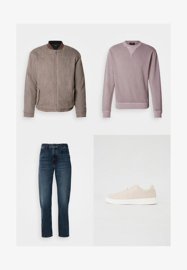 Scotch & Soda REVERSIBLE PADDED JACKET - Bomberjakke - demitasse/eggnog; Scotch & Soda Sweatshirt - gull; Mørkeblå lige bukser med frontknap og lynlås, fem-lomme design og subtil fading på lår og knæ.; Beige ruskindsneakers med hvide gummisåler, rund tå og seks snøringshuller. Glat tekstur med minimalisk design.