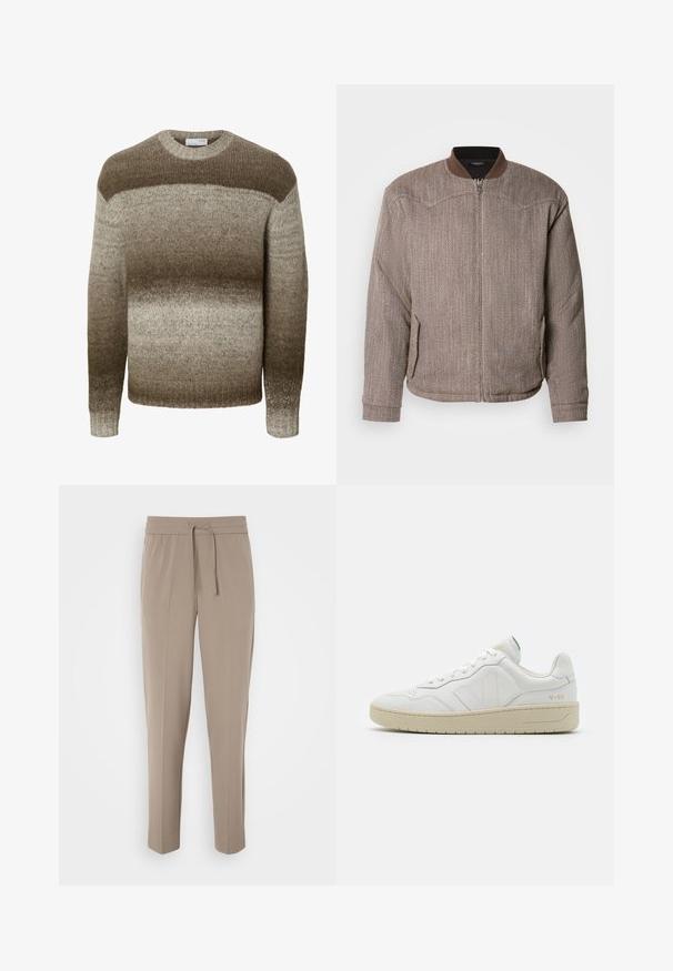 Scotch & Soda REVERSIBLE PADDED JACKET - Blouson Bomber - demitasse/eggnog; Pull en tricot à manches longues avec col rond présentant des rayures horizontales dégradées dans des tons bruns et beiges.; Pantalons beige clair avec une taille élastique, cordon de serrage ajustable et jambes fuselées. Le tissu semble lisse avec un léger éclat.; Baskets en cuir blanc avec une finition texturée et un col rembourré. Elles sont dotées d'une semelle en caoutchouc beige et d'une discrète branding sur le talon et le côté.
