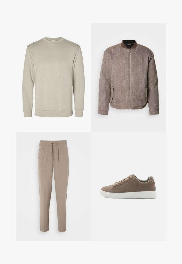 Scotch & Soda REVERSIBLE PADDED JACKET - Bomberjakke - demitasse/eggnog; Beige langærmet sweatshirt med rund halsudskæring, ribkant ved ærmer og bund, vist på hvid baggrund.; Lys beige bukser med elastisk talje, justerbar snor og tapered ben. Stoffet ser glat ud med en let glans.; Brune ruskinds sneakers med flade hvide gummisåler, snørelukning, rund tå og en glat overflade. Minimalistisk stil med diskrete syninger.