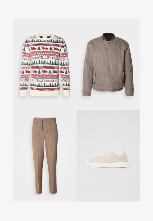 Scotch & Soda REVERSIBLE PADDED JACKET - Bomberjacke - demitasse/eggnog; Strickpullover mit einer cremefarbenen Basis, roten und grünen Mustern von Bäumen, Lastwagen und Schneeflocken, mit gerippten Bündchen und Saum.; Braune, gewebte Stoffhose mit lockerer Passform, Kordelzugbund und vorderen Falten. Gerade Beine und keine sichtbaren Taschen oder Befestigungen.; Beige Wildlederschuhe mit weißen Gummisohlen, runder Zehenform und sechs Ösen für die Schnürsenkel. Glatte Textur mit minimalistischem Design.