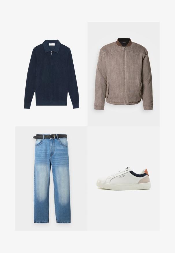 Scotch & Soda REVERSIBLE PADDED JACKET - Bomberjakke - demitasse/eggnog; Mørk marineblå strikket langærmet polo shirt med ribbet tekstur og en kort sølv lynlås ved kraven.; Lys blå denim jeans med lige ben, udstyret med et sort bælte, falmede pletter og subtil diagonalt mønster i den øverste sektion.; Hvide lædersneakers med low-top design, marineblå stofdetalje på kraven og en lys lyserød suede hælflap. Gummisål.