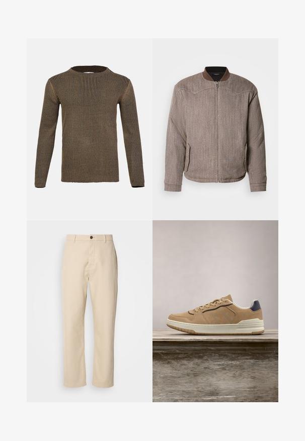 Scotch & Soda REVERSIBLE PADDED JACKET - Μπουφάν τύπου bomber - demitasse/eggnog; Καφέ και μαύρη ριγέ μακρυμάνικη μπλούζα με στρογγυλή λαιμόκοψη, ραμμένη υφή και ίσιο τελείωμα. Φτιαγμένη από μαλακό, πλεκτό ύφασμα.; Μπεζ βαμβακερό παντελόνι με ίσιες γραμμές, μπροστινό κλείσιμο με κουμπί, πλαϊνές τσέπες και λεία υφή. Μινιμαλιστικός σχεδιασμός, χωρίς ορατά μοτίβα.; Μπεζ σουέτ αθλητικά παπούτσια με λευκή καουτσούκ σόλα, χαρακτηριστικά μπεζ κορδόνια, μπλε ναυτική λεπτομέρεια και τρυπητό σχέδιο στην περιοχή των δακτύλων.