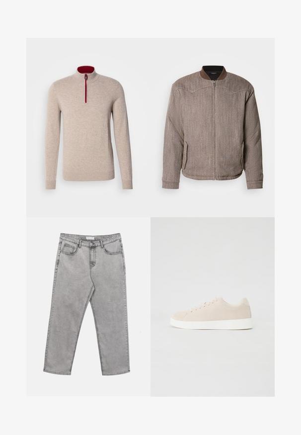 Scotch & Soda REVERSIBLE PADDED JACKET - Blouson Bomber - demitasse/eggnog; Pull marin beige avec un col haut et une courte fermeture éclair. Présente des accents rouges le long de la fermeture éclair et une texture lisse et douce.; Jean en denim gris clair avec bouton et fermeture éclair à l'avant, passants pour ceinture et cinq poches, posé à plat sur un fond blanc.; Baskets en daim beige avec semelles en caoutchouc blanc, bout rond et six œillets pour les lacets. Texture lisse avec un design minimaliste.
