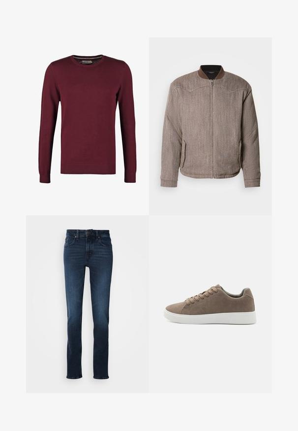Scotch & Soda REVERSIBLE PADDED JACKET - Bombera - demitasse/eggnog; Burgundský sveter s okrúhlym výstrihom vyrobený z hladkej látky, s dlhými rukávmi a rebrovanými manžetami a spodným lemom pre zvýraznenie textúry.; Tmavomodré džínsy s rovnými nohavicami, päť vrecový štýl, predné zapínanie na gombík a jemné vyblednutie na stehnách.; Hnedé semišové tenisky s plochými bielymi gumovými podrážkami, dizajn so šnurovaním, zaoblená špička a hladká textúra. Minimalistický štýl s jemnými švovými detailmi.