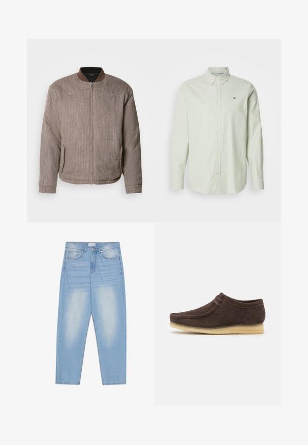 Scotch & Soda REVERSIBLE PADDED JACKET - Bomberjakke - demitasse/eggnog; Grøn- og hvidstribet skjorte med knapper lavet af stof; har en krave, lange ærmer og et lille logo på brystet.; Lyseblå denimjeans med en afslappet pasform, der har fem lommer, subtil falming og syninger langs sømmene.; Brune ruskindsko med en glat overflade, rund tå og minimalistisk design. Har en lysgummisål og kontrastfarvet snøredetalje.