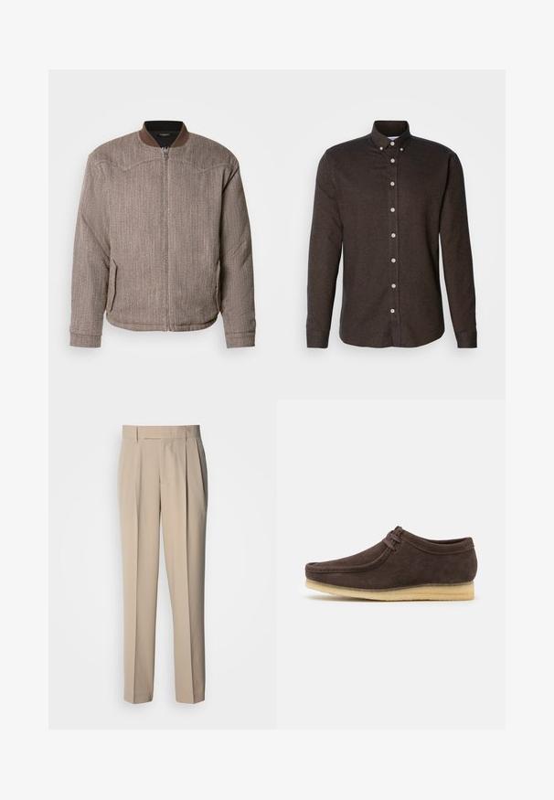 Scotch & Soda REVERSIBLE PADDED JACKET - Bomberjacke - demitasse/eggnog; Braune langärmlige Hemdjacke aus strukturiertem Stoff mit spitzem Kragen und weißen Knöpfen entlang der Vorderseite.; Beige, hoch taillierte, plissierte Hose mit geradem Schnitt, glatter Textur und ohne sichtbare Verzierungen oder Muster.; Braune Wildlederschuhe mit glatter Oberfläche, runder Zehenform und minimalistischem Design. Verfügt über eine hellfarbene Gummisohle und kontrastierende Schnürdetails.