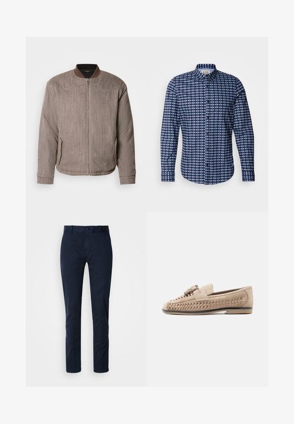 Scotch & Soda REVERSIBLE PADDED JACKET - Bomberjakke - demitasse/eggnog; Scotch & Soda SLIM FIT SHIRT - Skjorter - faded denim; Mørkeblå chinos lavet af en bomuldsblanding. Har knaplukning, bæltestropper, lige ben-design og en glat tekstur.; Beige ruskindslipper med vævet detaljer på siden, dusk på toppen, flad sål og lav hæl, vist i profil på hvid baggrund.