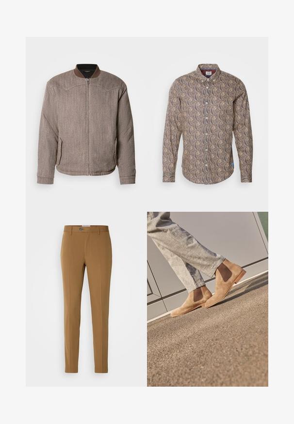 Scotch & Soda REVERSIBLE PADDED JACKET - Bombera - demitasse/eggnog; Hnedá košeľa s dlhým rukávom z látky s vírivým vzorom v krémovej a námornej farbe. Golier s gombíkmi a predný gombík s manžetami.; Hnedé elegantné nohavice so rovnými nohavicami, ktoré majú predný zips, gombíkovú priehľadnosť a dve bočné vrecká na praktickosť.; Hnedé semišové Chelsea topánky s elastickými bočnými panelmi a hladkou svetlohnedou gumovou podrážkou, v kombinácii s svetlošedými nohavicami na textúrovanom povrchu.