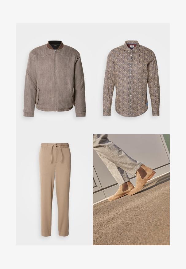 Scotch & Soda REVERSIBLE PADDED JACKET - Bombera - demitasse/eggnog; Hnedá košeľa s dlhým rukávom z látky s vírivým vzorom v krémovej a námornej farbe. Golier s gombíkmi a predný gombík s manžetami.; Béžové tepláky vyrobené z mäkkej bavlny, s elastickým pásom, šnúrkou na stiahnutie, úzkym strihom a rovnými nohavicami bez vzorov.; Hnedé semišové Chelsea topánky s elastickými bočnými panelmi a hladkou svetlohnedou gumovou podrážkou, v kombinácii s svetlošedými nohavicami na textúrovanom povrchu.
