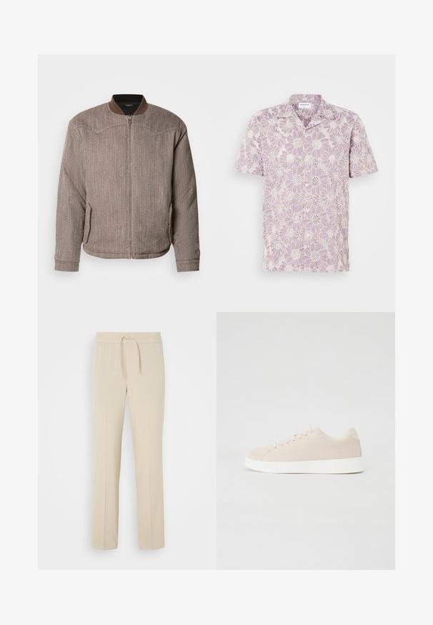 Scotch & Soda REVERSIBLE PADDED JACKET - Blouson Bomber - demitasse/eggnog; Chemise à manches courtes de couleur violet clair avec un imprimé floral, comportant des marguerites blanches et une texture en dentelle. Fermeture par boutons à l'avant.; Pantalons beiges à taille élastique avec cordon de serrage. Comprend des jambes droites et une texture lisse, adaptés pour un usage décontracté ou pour se détendre.; Baskets en daim beige avec semelles en caoutchouc blanc, bout rond et six œillets pour les lacets. Texture lisse avec un design minimaliste.