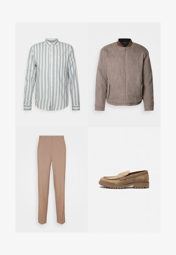 Scotch & Soda REVERSIBLE PADDED JACKET - Bomberjakke - demitasse/eggnog; Knapp-up skjorte i lyseblå og off-white striber. Har en klassisk krave, lange ærmer og en brystlomme. Blødt stof, afslappet pasform.; Beige skræddersyede bukser i en glat, struktureret stof. Straight fit med en linning og uden synlige pyntedetaljer eller lommer.; Tan mockasiner i ruskind med rund tå, flad gummisål og dekorative syninger på overdelen. Har et slip-on design uden snørebånd.