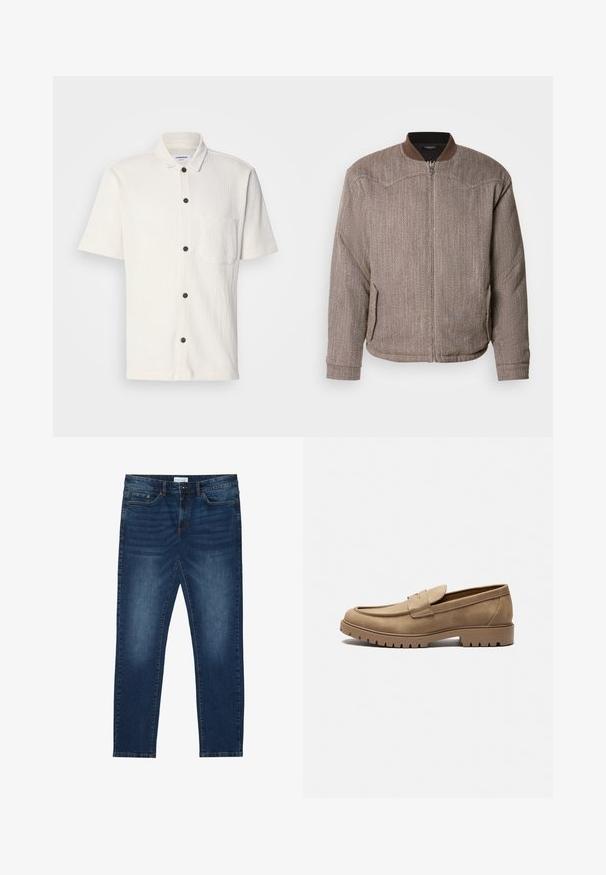 Scotch & Soda REVERSIBLE PADDED JACKET - Chaquetas bomber - demitasse/eggnog; Camisa blanca de manga corta con un diseño texturizado, botones frontales en marrón oscuro y un único bolsillo en el pecho.; Vaqueros ajustados de color azul oscuro con detalles desgastados, diseño clásico de cinco bolsillos, cierre de botón y presillas para cinturón.; Mocasines de gamuza color marrón claro con punta redondeada, suela plana de goma y costuras decorativas en la parte superior. Presentan un diseño sin cordones para poner y quitar fácilmente.