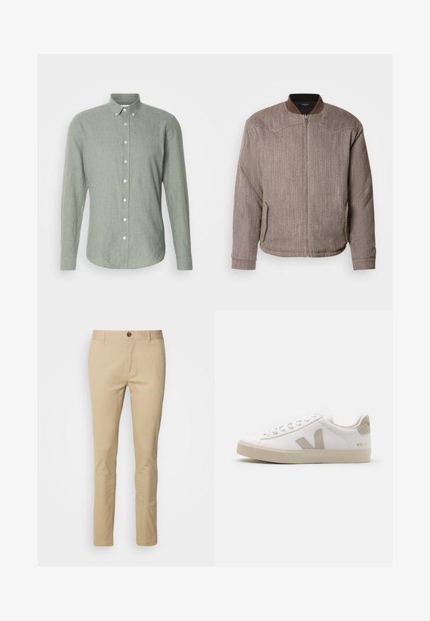 Scotch & Soda REVERSIBLE PADDED JACKET - Bombera - demitasse/eggnog; Svetlozelená dlhá rukávová košeľa na gombíky, vyrobená z textúrovaného materiálu, s golierom, plným gombíkovým zapínaním a zaobleným lemom.; Bežové chinos s úzkym strihom, vyrobené z bavlny. Obsahujú zapínanie na gombík, pútka na opasok a diskrétne švy na vreckách.; Biele kožené tenisky s béžovými akcentmi, plochá gumová podrážka, okrúly špička a kontrastné logo na boku a zadnej časti. S viazaním.