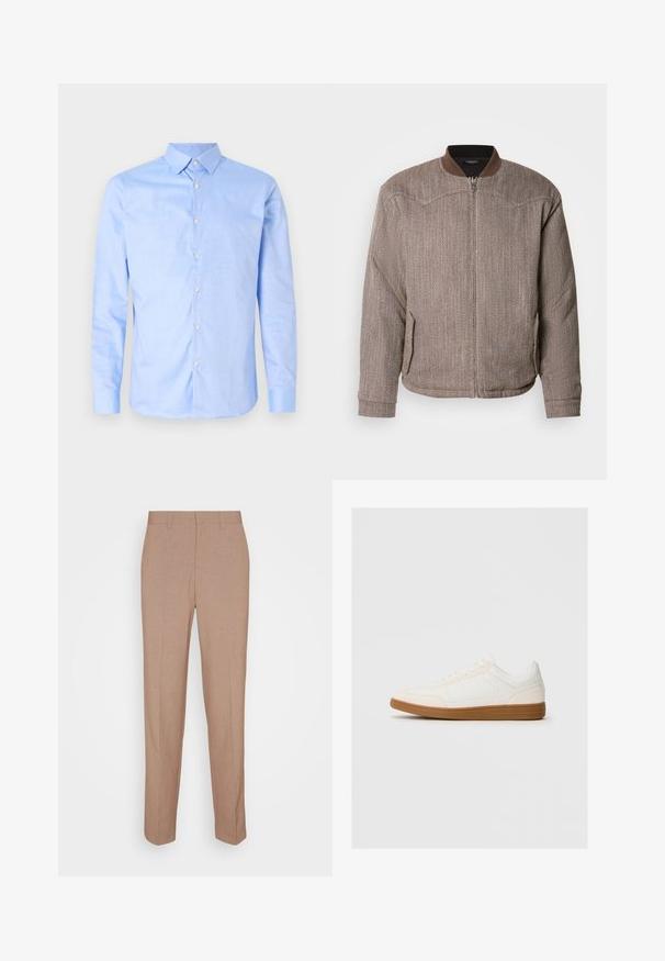 Scotch & Soda REVERSIBLE PADDED JACKET - Bomberjakke - demitasse/eggnog; Lyseblå skjorte med lange ærmer, spids krave og hvide knapper. Har en mønstret indvendig krave. Glat stofstruktur.; Beige skræddersyede bukser i en glat, struktureret stof. Straight fit med en linning og uden synlige pyntedetaljer eller lommer.; Hvide sneakers med en ruskind tåspids, glat syntetisk overdel og tan gummisål. Har perforeringer på siderne for åndbarhed.