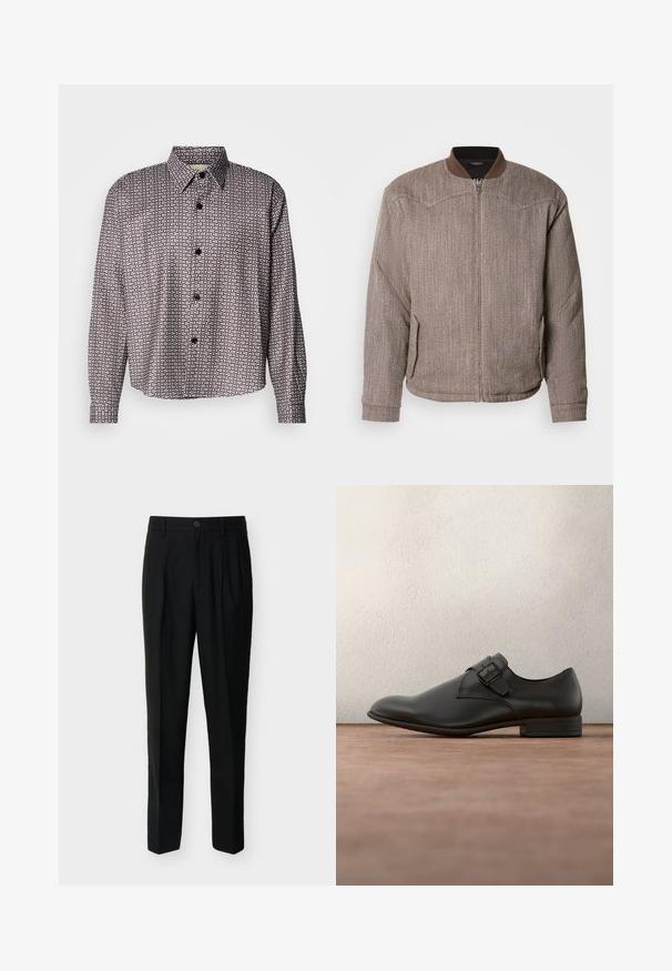 Scotch & Soda REVERSIBLE PADDED JACKET - Bomberjakke - demitasse/eggnog; Sorte og hvide mønstrede skjorte med lange ærmer, knaplukning fortil, klassisk krave og et subtilt geometrisk design gennem hele skjorten.; Sorte, skræddersyede bukser med høj talje, bæltestropper, forreste læg, sidelommer samt knap- og lynlåslukning.; Sort lædersko til kjole med glat tekstur, rundet tå, sidespænde og lav hæl, placeret over en grå overflade.