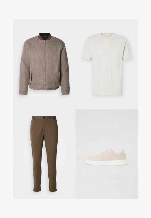 Scotch & Soda REVERSIBLE PADDED JACKET - Bomberjakke - demitasse/eggnog; Simpel, off-white T-shirt med korte ærmer og rund hals, med diskret logo på venstre bryst, vist mod en hvid flad baggrund.; Brune skræddersyede bukser med en glat tekstur, der har en knaplukning og rullede manchetter. Designet med en slim fit og funktionelle lommer.; Beige ruskindsneakers med hvide gummisåler, rund tå og seks snøringshuller. Glat tekstur med minimalisk design.