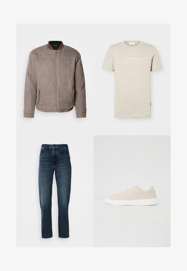 Scotch & Soda REVERSIBLE PADDED JACKET - Chaquetas bomber - demitasse/eggnog; Camiseta beige de manga corta con cuello redondo con "LINDBERGH" impreso en blanco centrado en el pecho sobre un fondo liso.; Jeans de pierna recta azul oscuro con cierre frontal de botón y cremallera, diseño de cinco bolsillos y un ligero desgaste en los muslos y las rodillas.; Zapatillas de ante beige con suelas de goma blanca, puntera redondeada y seis ojales para los cordones. Textura suave con un diseño minimalista.
