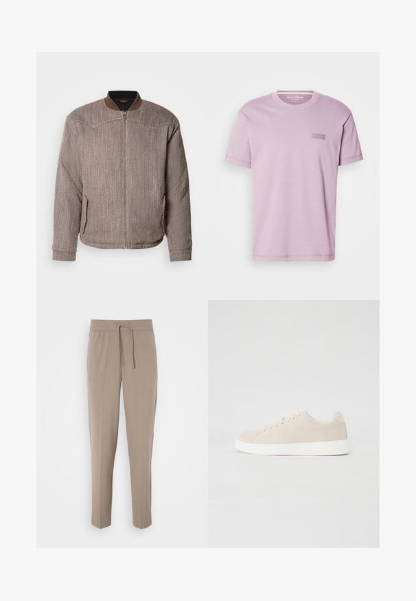 Scotch & Soda REVERSIBLE PADDED JACKET - Bomberjakke - demitasse/eggnog; Lyse lilla bomulds T-shirt med rund hals og korte ærmer. Har en lille rektangulær logo-patch på brystet. Glat tekstur.; Lys beige bukser med elastisk talje, justerbar snor og tapered ben. Stoffet ser glat ud med en let glans.; Beige ruskindsneakers med hvide gummisåler, rund tå og seks snøringshuller. Glat tekstur med minimalisk design.