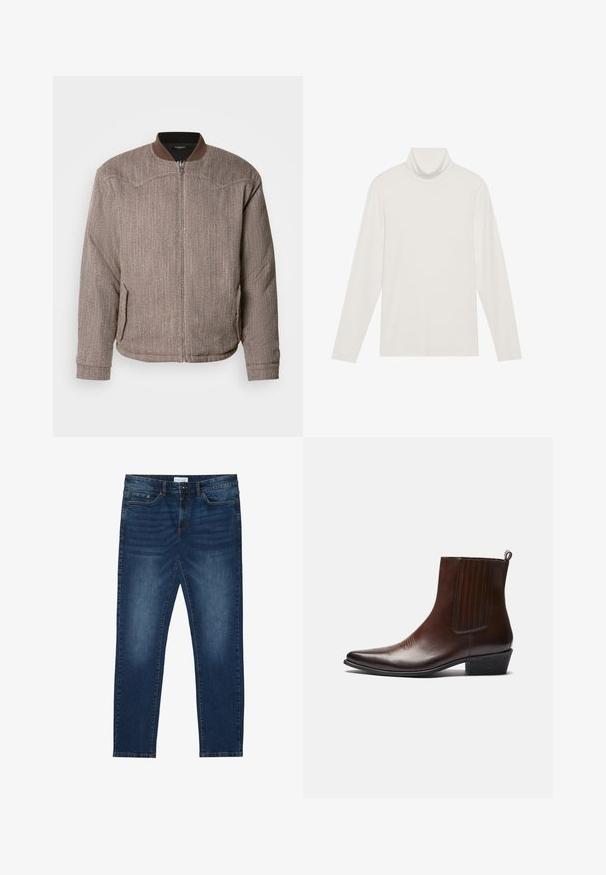 Scotch & Soda REVERSIBLE PADDED JACKET - Blouson Bomber - demitasse/eggnog; Haut à col roulé à manches longues en blanc. Tissu doux et extensible avec une silhouette ajustée. Présente un col haut et un minimum de couture.; Jean slim-fit bleu foncé avec des détails délavés, design classique à cinq poches, fermeture à bouton et passants de ceinture.; Bottine en cuir marron avec un bout pointu, des panneaux latéraux élastiques, des détails texturés sur le devant et un petit talon empilé.