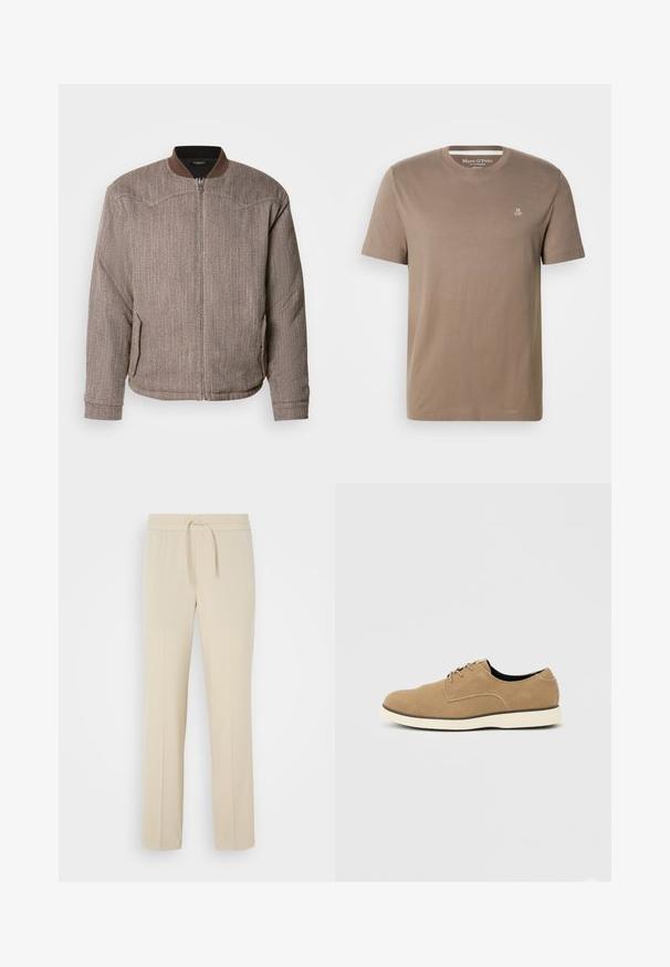 Scotch & Soda REVERSIBLE PADDED JACKET - Blouson Bomber - demitasse/eggnog; T-shirt en coton taupe à manches courtes avec col rond et petit logo blanc "M OP" sur la partie supérieure gauche de la poitrine, signé Marc O'Polo.; Pantalons beiges à taille élastique avec cordon de serrage. Comprend des jambes droites et une texture lisse, adaptés pour un usage décontracté ou pour se détendre.; Chaussure à lacets en daim marron clair avec semelle blanche et coupe basse à la cheville, vue de profil sur un fond neutre.