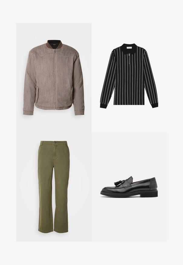 Scotch & Soda REVERSIBLE PADDED JACKET - Blouson Bomber - demitasse/eggnog; Polo à manches longues noir à rayures verticales blanches, avec un col zippé et un tissu texturé. Accentué par des poignets côtelés.; Pantalon en coton vert olive avec une coupe droite, fermeture à bouton visible et coutures au niveau des genoux pour plus de détails et de structure.; Mocassins en cuir noir avec des détails en franges, bout rond et semelle texturée. Présente une finition lisse et un design minimaliste.