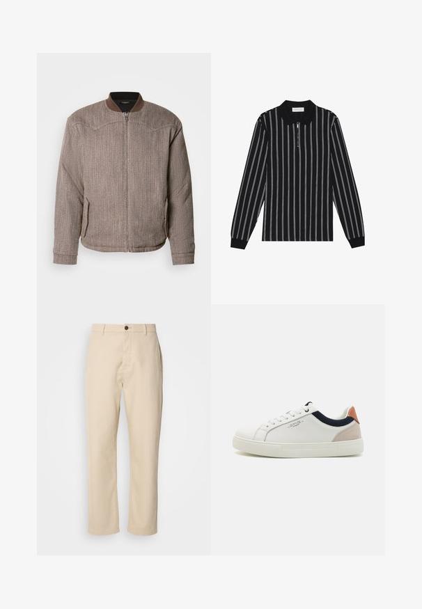 Scotch & Soda REVERSIBLE PADDED JACKET - Bomber-jakk - demitasse/eggnog; Mustikleib polo särk valgete vertikaalsete triipudega, millel on lukuga krae ja tekstureeritud kangas. Rikkalikud äärised varrukatel.; Beezid puuvillased püksid sirgete jalgadega, ees nööpidega kinnitamisega, küljetaskutega ja sileda tekstuuriga. Minimalistlik disain, ilma nähtavate mustriteta.; Valge nahast tossud madala disainiga, tumesinine kangas rõhuakk just krael, ning heledat roosa sametist kannaosa. Kumi tallad.