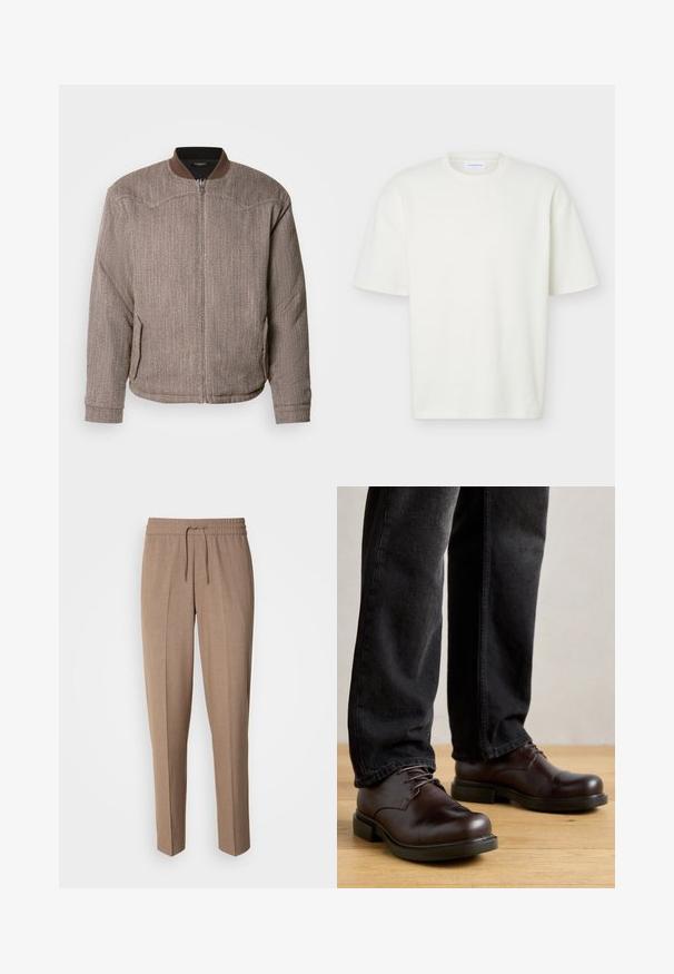 Scotch & Soda REVERSIBLE PADDED JACKET - Bomberjakke - demitasse/eggnog; Hvid tekstureret T-shirt med korte ærmer og rund hals med en almindelig pasform og et lille mærke indeni kraven.; Brune, vævede bukser med en afslappet pasform, snøre i taljen og frontfald. Lige ben og ingen synlige lommer eller metaldele.; Brune lædersko med rund tå, snørelukning og kraftig sort gummisål, parret med mørke denim bukser.