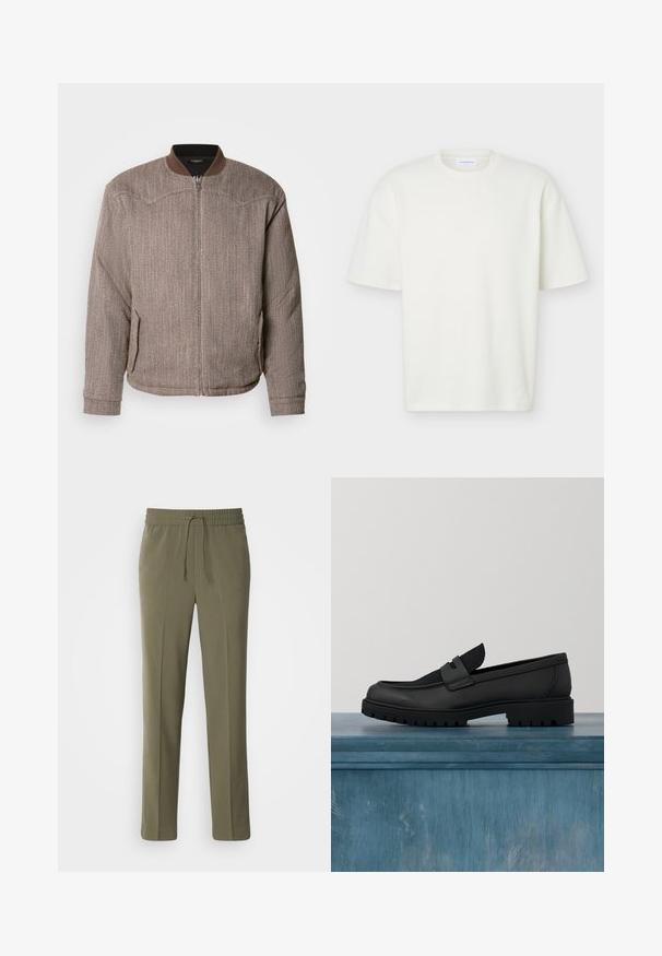 Scotch & Soda REVERSIBLE PADDED JACKET - Blouson Bomber - demitasse/eggnog; T-shirt blanc texturé à manches courtes, col rond, coupe régulière et petite étiquette de marque à l'intérieur du col.; Pantalons légers couleur vert olive avec une taille élastique et un cordon de serrage réglable ; design à jambe droite et texture lisse.; Chaussure noire en cuir sans lacets avec un accent en tissu texturé, une semelle en caoutchouc robuste et une finition lisse. Présente un détail de couture subtil.