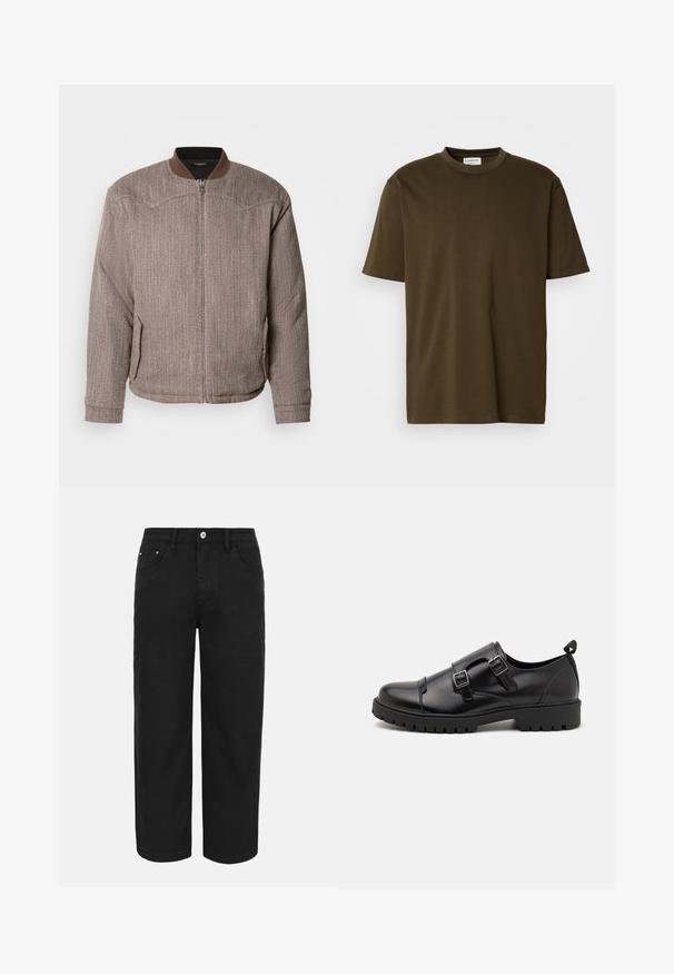 Scotch & Soda REVERSIBLE PADDED JACKET - Bomberjakke - demitasse/eggnog; Simpel olivengrøn T-shirt med korte ærmer og rund halsudskæring, med et synligt hvidt mærke ved halsen, præsenteret på en hvid baggrund.; Sorte bukser med lige ben, forrest med knap- og lynlåslukning, bæltestropper og tre forlommer på en ensfarvet lys baggrund.; Pier One Business loafers - black