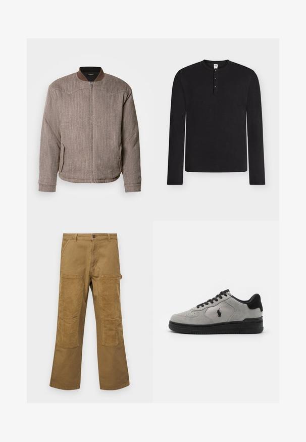 Scotch & Soda REVERSIBLE PADDED JACKET - Blouson Bomber - demitasse/eggnog; Chemise henley noire à manches longues avec trois boutons sur la patte de boutonnage, col rond et étiquette de taille moyenne à l'intérieur du col.; Pantalons cargo en coton marron avec des patchs en tissu côtelé contrastant, coupe droite, cinq poches et une fermeture à bouton.; Baskets en suede grises avec des accents noirs, dotées d'un panneau latéral en tissu texturé, d'un bout rond et d'une semelle en caoutchouc noir. Logo brodé sur le côté.