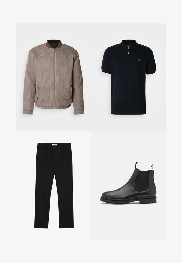 Scotch & Soda REVERSIBLE PADDED JACKET - Blouson Bomber - demitasse/eggnog; T-shirt polo bleu marine en coton doux, à manches courtes, avec une patte de boutonnage à trois boutons et un petit logo brodé sur la poitrine.; Jean droit noir avec un design à cinq poches, fermeture à bouton et zip, et une étiquette de marque Pier One sur la taille.; Bottines Chelsea en cuir noir avec des panneaux latéraux élastiques, des languettes de tirage et une semelle en caoutchouc texturé avec un motif de semelle.