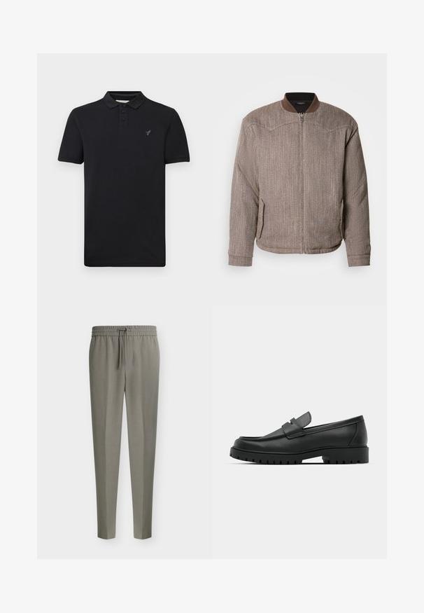Scotch & Soda REVERSIBLE PADDED JACKET - Blouson Bomber - demitasse/eggnog; Polo noir à manches courtes avec trois boutons, col et petit logo brodé sur le côté gauche de la poitrine, présenté sur un fond uni.; Pantalon pour homme gris clair ajusté avec jambes fuselées et taille élastique dotée d'un cordon de serrage à l'avant.; Mocassins en cuir noir à bout arrondi, avec un design cousu, une semelle plateforme basse et une semelle en caoutchouc texturée et crantée.