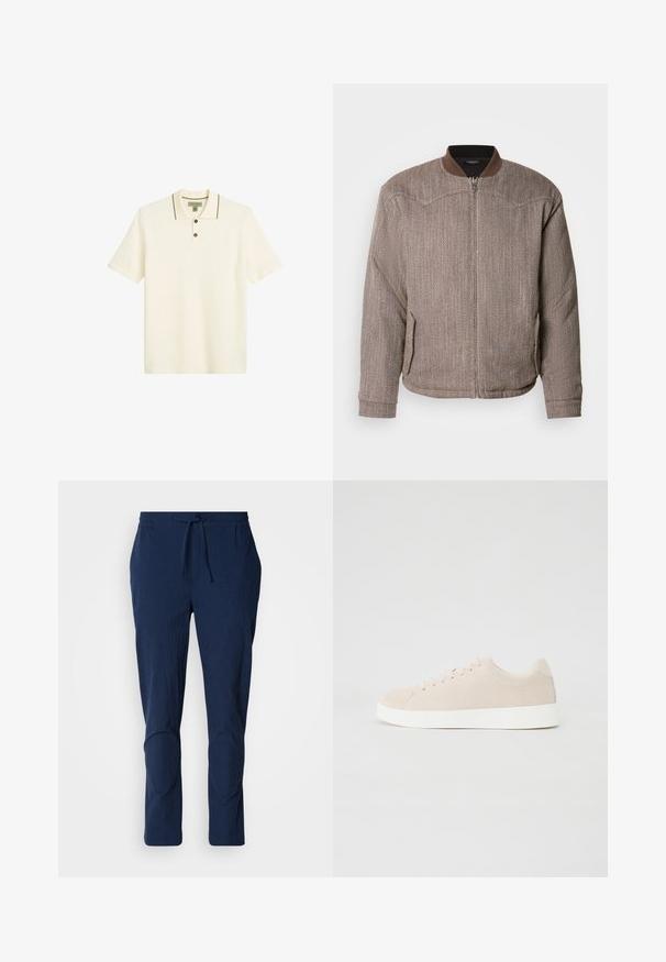 Scotch & Soda REVERSIBLE PADDED JACKET - Bomberjacke - demitasse/eggnog; Helles cremefarbenes Polo-Shirt mit einer Drei-Knopf-Leiste, kontrastierenden dunklen Kanten am Kragen und kurzen Ärmeln. Strukturiertes Stoff-Finish.; Marineblaue Hose aus strukturiertem Stoff, mit elastischem Bund und Kordelzug. Hat schmal zulaufende Beine mit gesteppten Akzenten an den Knien.; Beige Wildlederschuhe mit weißen Gummisohlen, runder Zehenform und sechs Ösen für die Schnürsenkel. Glatte Textur mit minimalistischem Design.