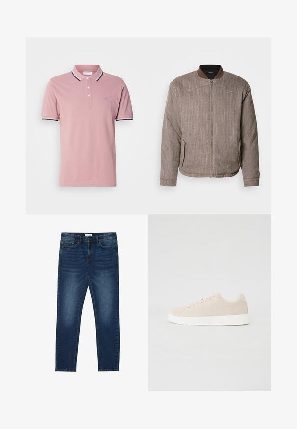 Scotch & Soda REVERSIBLE PADDED JACKET - Blouson Bomber - demitasse/eggnog; Chemise polo rose avec patte de boutonnage à deux boutons, col côtelé présentant des rayures bleu marine et blanches, et un logo discret brodé sur la poitrine.; Jean slim-fit bleu foncé avec des détails délavés, design classique à cinq poches, fermeture à bouton et passants de ceinture.; Baskets en daim beige avec semelles en caoutchouc blanc, bout rond et six œillets pour les lacets. Texture lisse avec un design minimaliste.