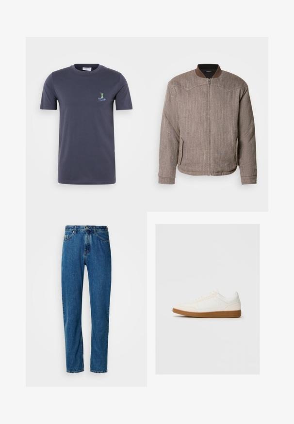 Scotch & Soda REVERSIBLE PADDED JACKET - Bomber-jakk - demitasse/eggnog; Tumesinine puuvillane T-särk lühikeste varrukatega, ümmargune kaelus ja väike roheline logo vasakul rinnal. Sile tekstuur, standardne lõige.; Sinised sirged denim püksid viie tasku ja ees oleva nupu sulgemisega valgel taustal.; Valge tenniseking nubukist varbaga, sileda sünteetilise pealmise osaga ja pruunist kummist tallaga. Küljel on ventilatsiooniaugud, et tagada õhuringlus.