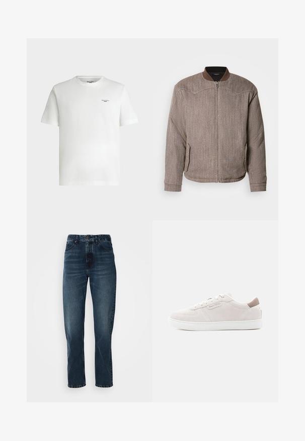 Scotch & Soda REVERSIBLE PADDED JACKET - Bomberjakke - demitasse/eggnog; Hvid kortærmet t-shirt med rund hals og lille sort tekstlogo "Marc O'Polo DENIM" på øverste venstre bryst.; Mørkeblå lige bukser med frontknap og lynlås, fem-lomme design og subtil fading på lår og knæ.; Lyserød ruskindsneakers med hvid gummisål, der har et syet design og en lille logodetalje på siden og på baghæl.