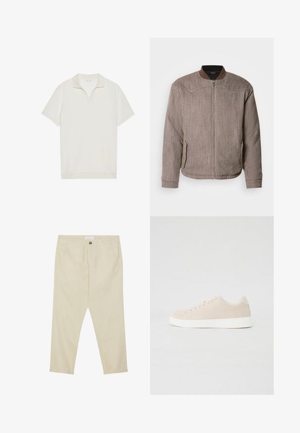 Scotch & Soda REVERSIBLE PADDED JACKET - Blouson Bomber - demitasse/eggnog; Polo blanc à manches courtes avec un col en V et un tissu texturé. Design simple avec un col et des accents de manches contrastants.; Pantalons en coton beige avec une coupe droite, poches avant et fermeture à un bouton. Longueur cheville avec une texture lisse.; Baskets en daim beige avec semelles en caoutchouc blanc, bout rond et six œillets pour les lacets. Texture lisse avec un design minimaliste.
