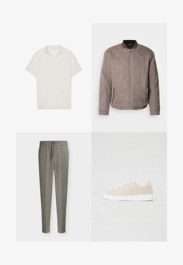 Scotch & Soda REVERSIBLE PADDED JACKET - Blouson Bomber - demitasse/eggnog; Polo blanc à manches courtes avec un col en V et un tissu texturé. Design simple avec un col et des accents de manches contrastants.; Pantalon pour homme gris clair ajusté avec jambes fuselées et taille élastique dotée d'un cordon de serrage à l'avant.; Baskets en daim beige avec semelles en caoutchouc blanc, bout rond et six œillets pour les lacets. Texture lisse avec un design minimaliste.